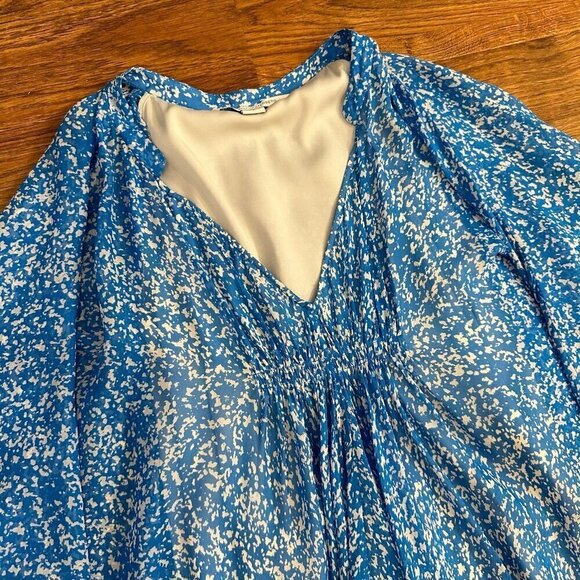 DVF Fleurette Blue Floral Printed Dress 8 Silk Overlay Kimono Sleeve - Picture 3 of 8